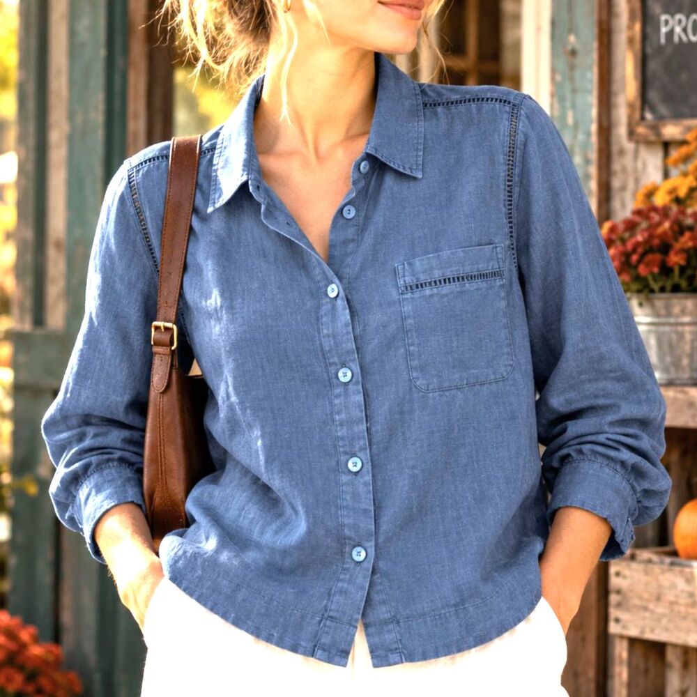 Vintage 90s Minimalist 100% Linen Ladder Trim Top Blouse Blue XL units